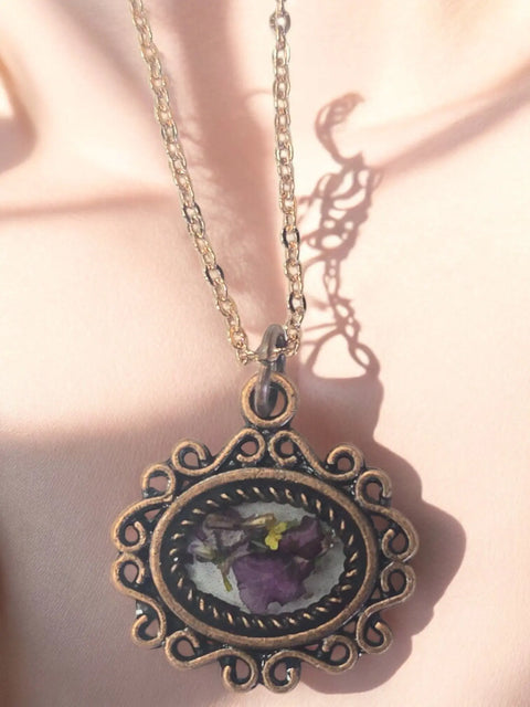 Handcrafted Pressed Flower Resin Pendant Necklace – Adjustable Chain – Antique Gold Finish | Made in USA Michelle Marie Boutique  Pendant Necklace