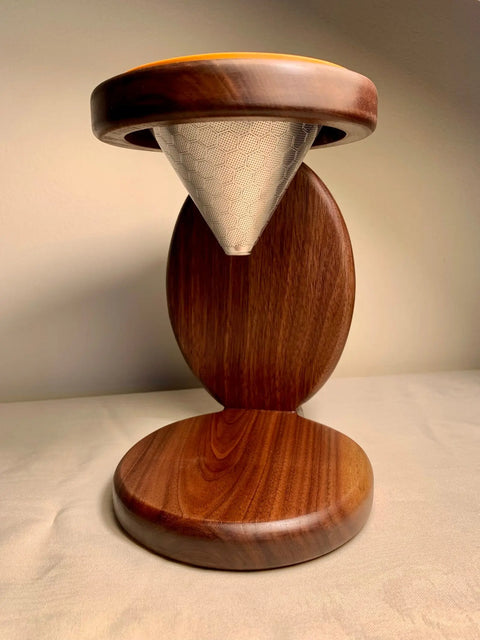 The Shop Cat Woodworks Handcrafted Reclaimed Wood Coffee Pour Over – Rustic Drip Brewer (Made in USA) features a wooden stand with a circular base, back, and reusable cone filter, showcasing rich wood grain and modern rustic design.
