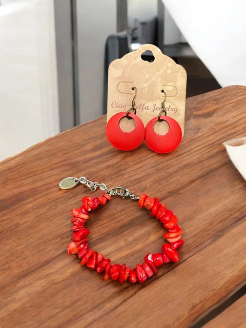 Handcrafted Red Agate Bracelet with Adjustable 8 Inch Fit – Geometric Circle Earrings Set | Made in USA by Michelle Marie Boutique Michelle Marie Boutique  Bracelet Set