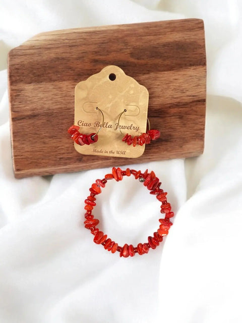 Handcrafted Red Agate Wrap Bracelet and Silver Hoop Earrings Set – Unique Gemstone Jewelry | Made in USA Michelle Marie Boutique  Bracelet Set