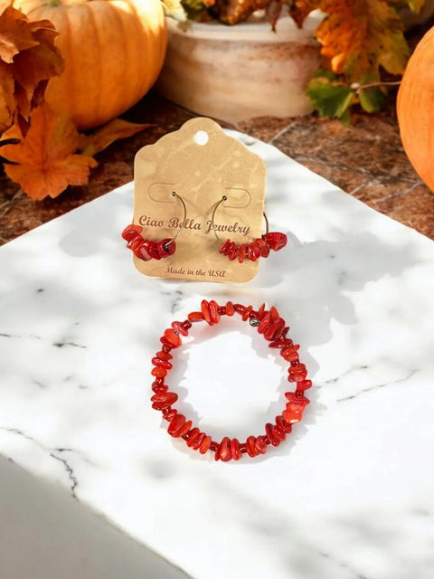 Handcrafted Red Agate Wrap Bracelet and Silver Hoop Earrings Set – Unique Gemstone Jewelry | Made in USA Michelle Marie Boutique  Bracelet Set