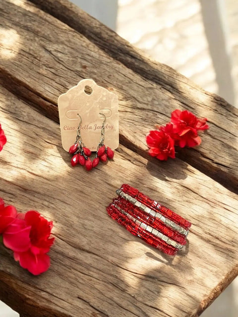 Handcrafted Red Beaded Multi-Strand Wrap Bracelet And Cluster Earrings Set – Unique Jewelry Gift | Made In USA Michelle Marie Boutique  Bracelet Set
