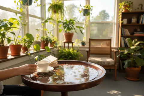 Handcrafted Resin Coffee Table With Owner-Grown Botanicals And Matte Gold Base – Unique Floral Design | Made in USA Michelle Marie Boutique  Coffee Table