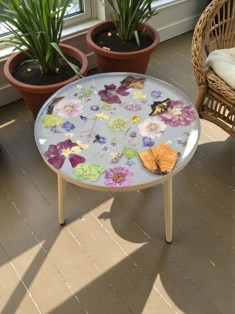 Handcrafted Resin Coffee Table With Owner-Grown Botanicals And Matte Gold Base – Unique Floral Design | Made in USA Michelle Marie Boutique  Coffee Table