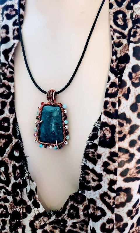 Handcrafted Reversible Teal-Dyed Kiwi Stone Ballerina Necklace – Copper Wire Art Pendant | Made in USA Alexa Martha Designs  Necklace