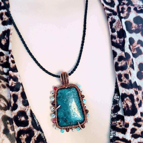 Handcrafted Reversible Teal-Dyed Kiwi Stone Ballerina Necklace – Copper Wire Art Pendant | Made in USA Alexa Martha Designs  Necklace