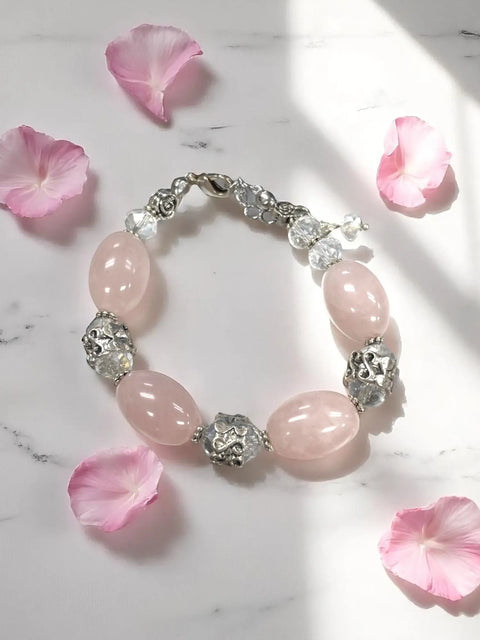 Handcrafted Rose Quartz Bracelet – Clear Crystal & Stainless Steel Rose Beads | Made in USA Michelle Marie Boutique  Bracelets