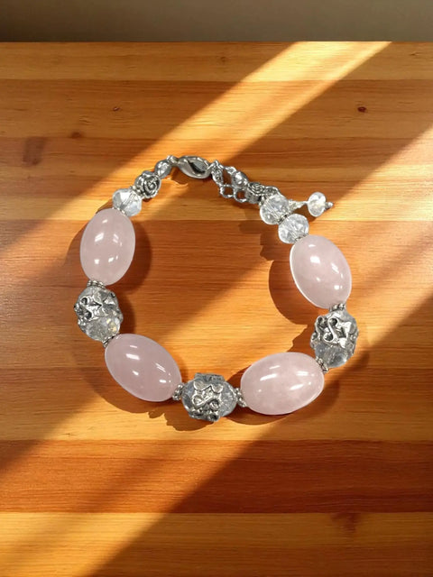 Handcrafted Rose Quartz Bracelet – Clear Crystal & Stainless Steel Rose Beads | Made in USA Michelle Marie Boutique  Bracelets