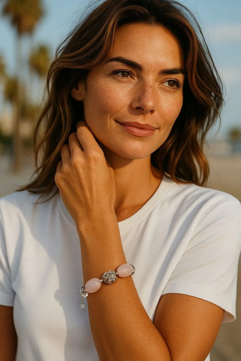 Handcrafted Rose Quartz Bracelet – Clear Crystal & Stainless Steel Rose Beads | Made in USA Michelle Marie Boutique  Bracelets