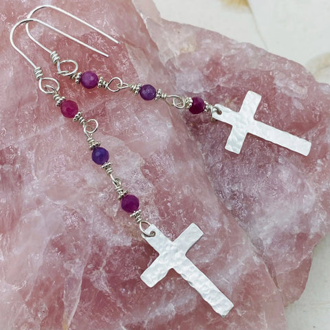 Handcrafted Ruby Rosary Earrings – Sterling Silver Cross Dangles | Made in USA Janecka 