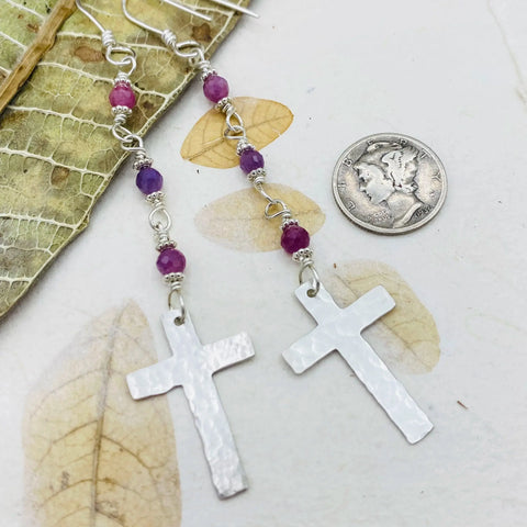 Handcrafted Ruby Rosary Earrings – Sterling Silver Cross Dangles | Made in USA Janecka 