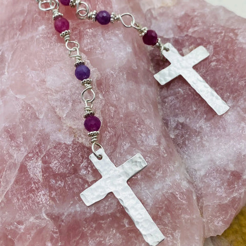 Handcrafted Ruby Rosary Earrings – Sterling Silver Cross Dangles | Made in USA Janecka 