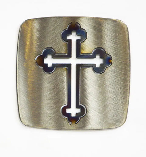 Handcrafted Rustic Cross Metal Coaster – Unique Heat-Treated Design | Made in USA by Veteran-Owned Business Knights Home Decor  item