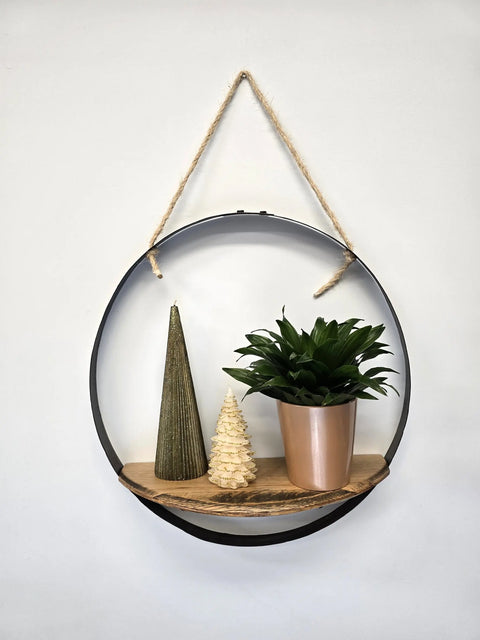 Handcrafted Rustic Reclaimed Whiskey Barrel Ring Wall Shelf – Solid Wood Decor – Made in USA Hanging Shelf Amish Toy Box  Single Detail Page Misc