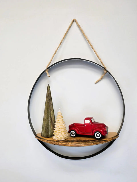 Handcrafted Rustic Reclaimed Whiskey Barrel Ring Wall Shelf – Solid Wood Decor – Made in USA Hanging Shelf Amish Toy Box  Single Detail Page Misc