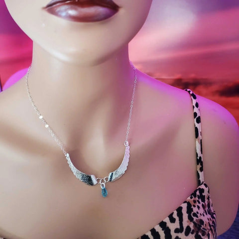Handcrafted Silver Angel Wing Necklace With Blue Crystal Drop – Montana Forge | Made in USA Alexa Martha Designs  Necklace