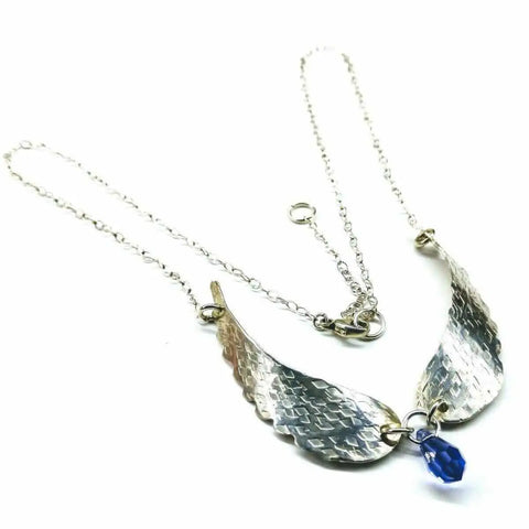 Handcrafted Silver Angel Wing Necklace With Blue Crystal Drop – Montana Forge | Made in USA Alexa Martha Designs  Necklace