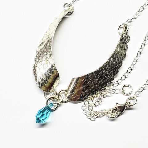 Handcrafted Silver Angel Wing Necklace With Blue Crystal Drop – Montana Forge | Made in USA Alexa Martha Designs  Necklace