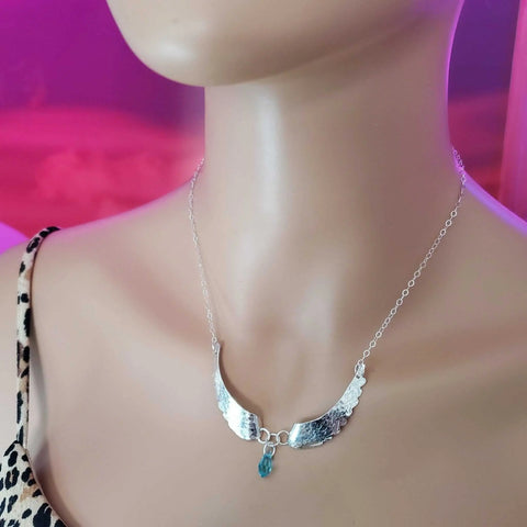 Handcrafted Silver Angel Wing Necklace With Blue Crystal Drop – Montana Forge | Made in USA Alexa Martha Designs  Necklace