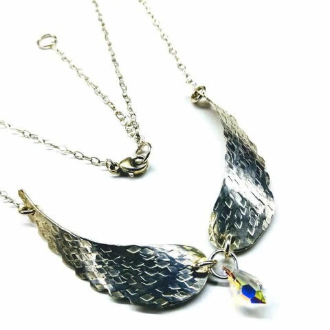 Handcrafted Silver Angel Wing Necklace With Blue Crystal Drop – Montana Forge | Made in USA Alexa Martha Designs  Necklace