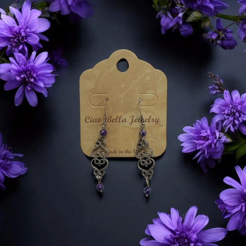 Handcrafted Silver Filigree Dangle Earrings With Purple Aqua Terra Jasper Stones – Lightweight Jewelry | Made in USA Michelle Marie Boutique  Earrings