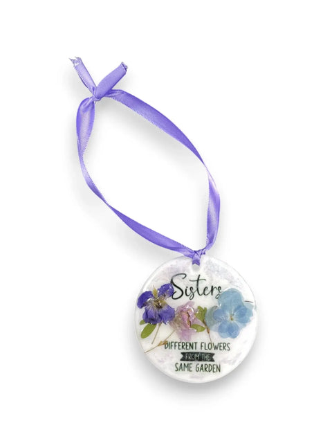 Handcrafted Sisters Pressed Flower Ornament – Sentimental Resin Gift with Purple Ribbon | Made in USA Michelle Marie Boutique  Ornaments