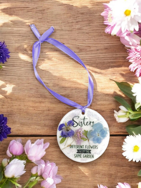 Handcrafted Sisters Pressed Flower Ornament – Sentimental Resin Gift with Purple Ribbon | Made in USA Michelle Marie Boutique  Ornaments