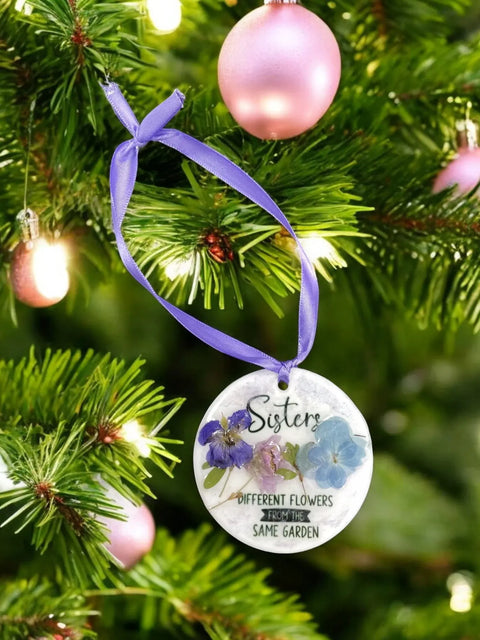 Handcrafted Sisters Pressed Flower Ornament – Sentimental Resin Gift with Purple Ribbon | Made in USA Michelle Marie Boutique  Ornaments