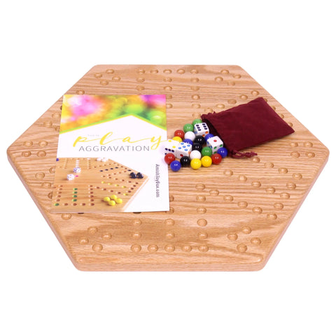 Handcrafted Solid Oak 16 Inch Double-Sided Aggravation Game Board with Marbles and Dice – Made in USA Amish Toy Box  Wooden Toys,Games and Puzzles