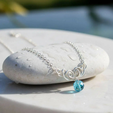 Handcrafted Sterling Silver Aqua Crystal Pendant Necklace 8mm – Made in USA Alexa Martha Designs  Necklace