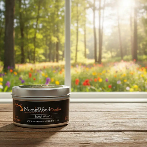 Handcrafted Sweet Woods Soy Candle Tin 6.5 oz – Natural Woodsy Scented Home Fragrance | Made in USA MorninWood Candles  Candles