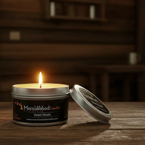 Handcrafted Sweet Woods Soy Candle Tin 6.5 oz – Natural Woodsy Scented Home Fragrance | Made in USA MorninWood Candles  Candles