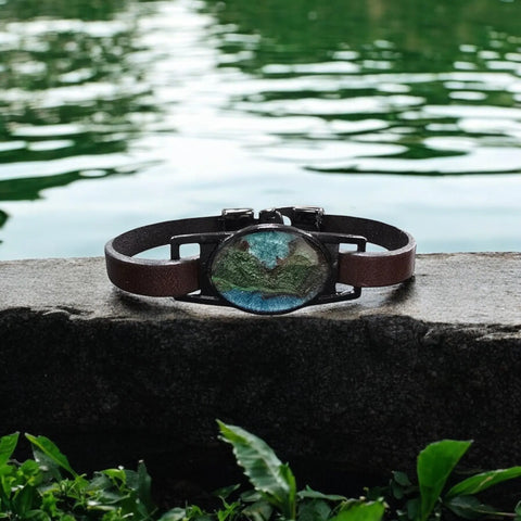 Handcrafted Teal Green Black Mountain Resin Leather Bracelet – Adjustable 7 to 9 Inch Band | Made in USA Michelle Marie Boutique  Bracelets