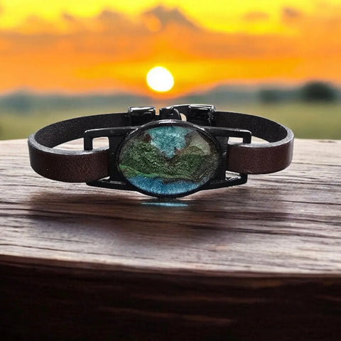 Handcrafted Teal Green Black Mountain Resin Leather Bracelet – Adjustable 7 to 9 Inch Band | Made in USA Michelle Marie Boutique  Bracelets