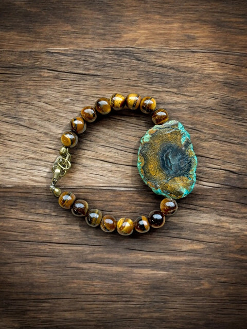 Handcrafted Tiger's Eye And Turquoise Agate Beaded Bracelet – Adjustable Stretch Design | Made In USA Michelle Marie Boutique  Bracelets