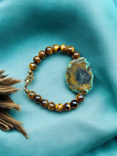 Handcrafted Tiger's Eye And Turquoise Agate Beaded Bracelet – Adjustable Stretch Design | Made In USA Michelle Marie Boutique  Bracelets