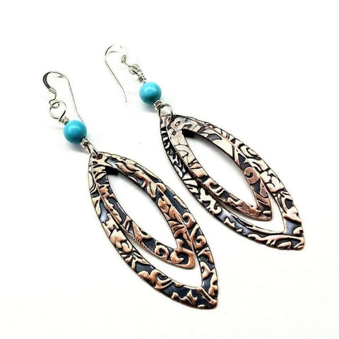 Handcrafted Turquoise Copper Oval Earrings – Embossed Design – Montana Artist | Made in USA Alexa Martha Designs  Earrings