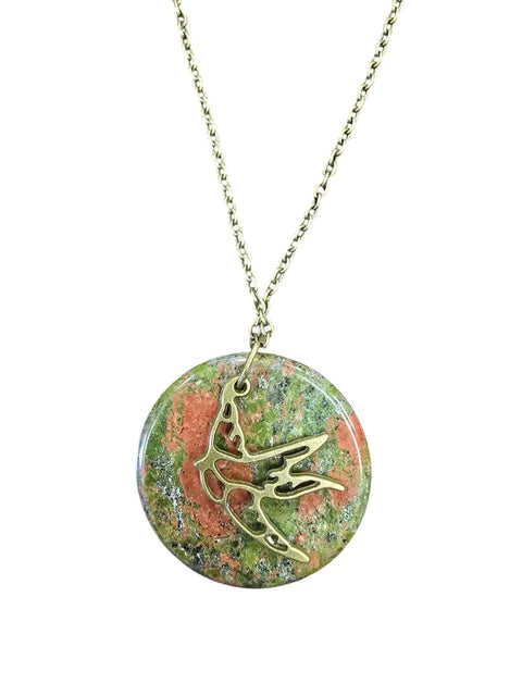 Handcrafted USA Antique Gold Plated Necklace – Unakite Stone Pendant with Bird Charm | Bohemian Style Jewelry Michelle Marie Boutique  Necklaces