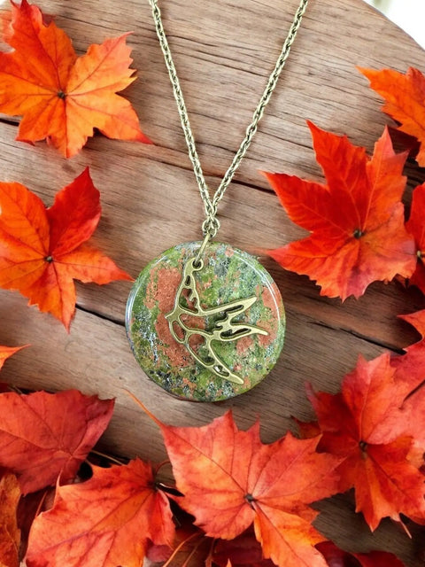 Handcrafted USA Antique Gold Plated Necklace – Unakite Stone Pendant with Bird Charm | Bohemian Style Jewelry Michelle Marie Boutique  Necklaces