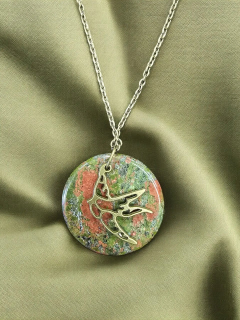 Handcrafted USA Antique Gold Plated Necklace – Unakite Stone Pendant with Bird Charm | Bohemian Style Jewelry Michelle Marie Boutique  Necklaces