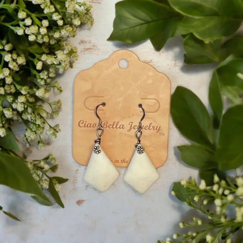 Ocean-Inspired White Diamond Sea Glass Earrings With Silver Flower Michelle Marie Boutique  Earrings