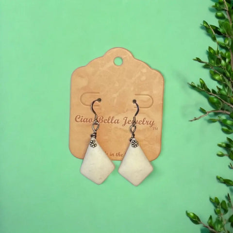 Handcrafted White Diamond Sea Glass Earrings With Silver Flower Charm – Coastal Jewelry Bohemian Style | Made in USA Michelle Marie Boutique  Earrings