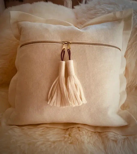Handcrafted White Wool Throw Pillow – Leather Tassel Accent | Made in USA Suede Kloth 