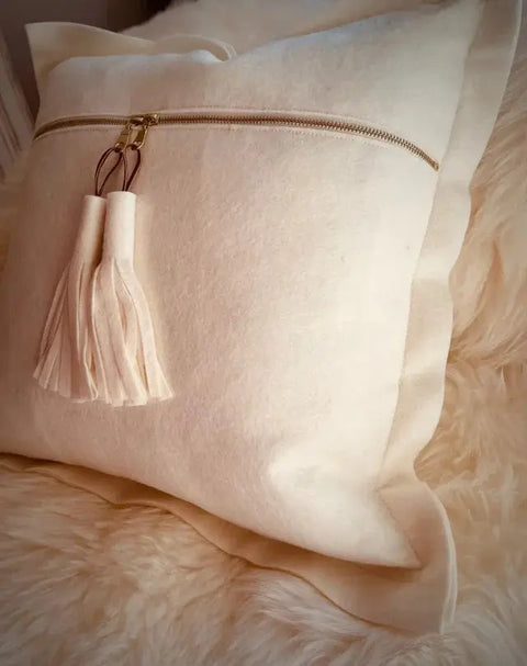 Handcrafted White Wool Throw Pillow – Leather Tassel Accent | Made in USA Suede Kloth 