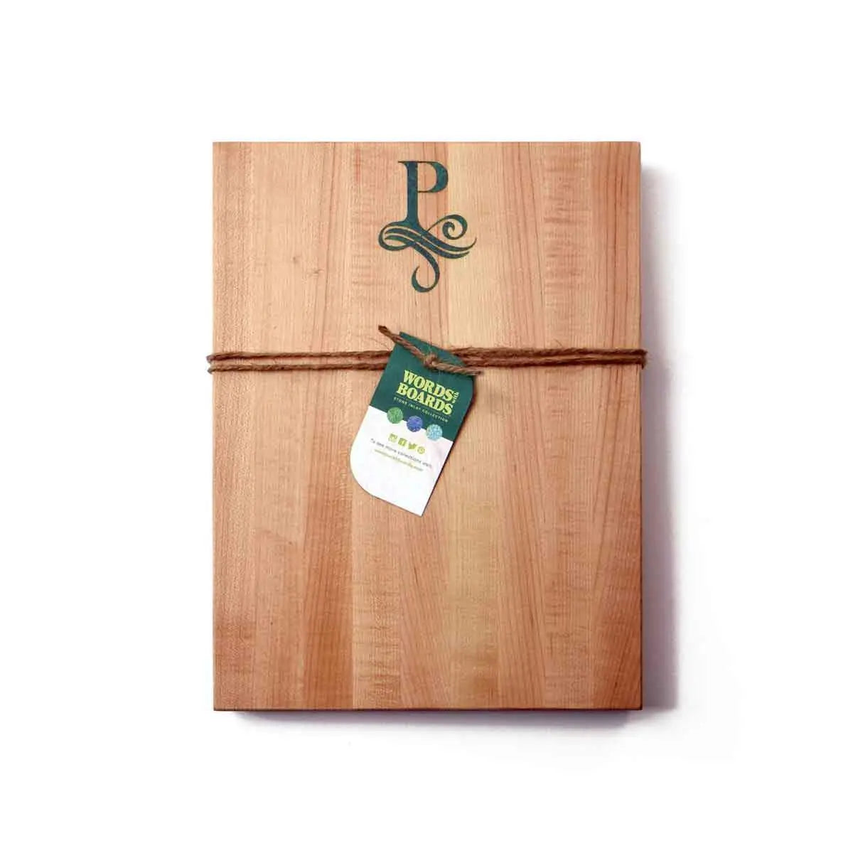 An American made maple cutting board that allows a custom first or last name initial to be etched into the board. 