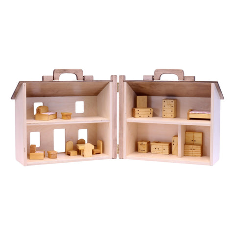 Handcrafted Wooden Dollhouse Play Set With 16-Piece Furniture – Two-Story Toy House | Made in USA Amish Toy Box  Wooden Doll House Toy