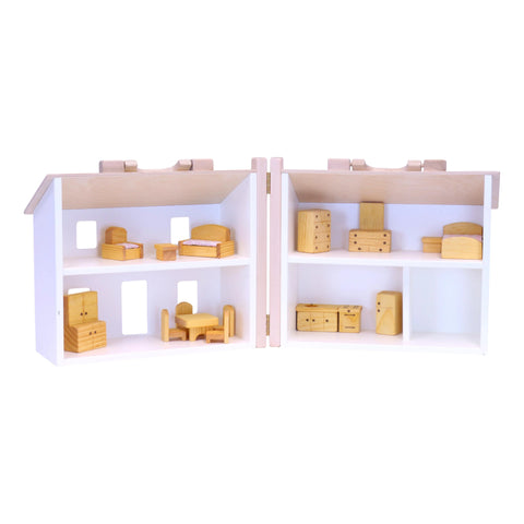 Handcrafted Wooden Dollhouse Play Set With 16-Piece Furniture – Two-Story Toy House | Made in USA Amish Toy Box  Wooden Doll House Toy