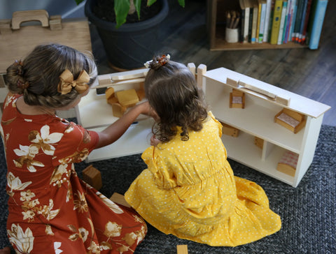 Handcrafted Wooden Dollhouse Play Set With 16-Piece Furniture – Two-Story Toy House | Made in USA Amish Toy Box  Wooden Doll House Toy