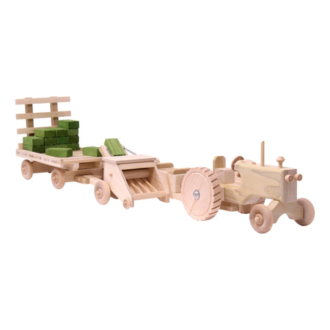 Handcrafted Wooden Farm Toy Set – Tractor, Hay Baler, Wagon with 16 Bales | Made in USA Amish Toy Box  Wooden Toys