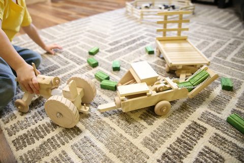 Handcrafted Wooden Farm Toy Set – Tractor, Hay Baler, Wagon with 16 Bales | Made in USA Amish Toy Box  Wooden Toys